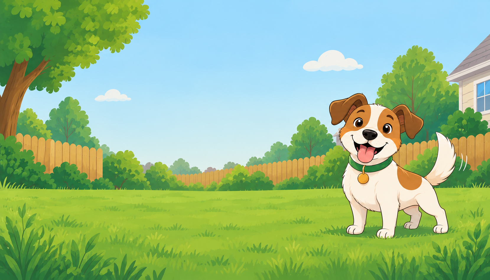 Illustration of a happy dog in a clean, fenced green backyard on a sunny day